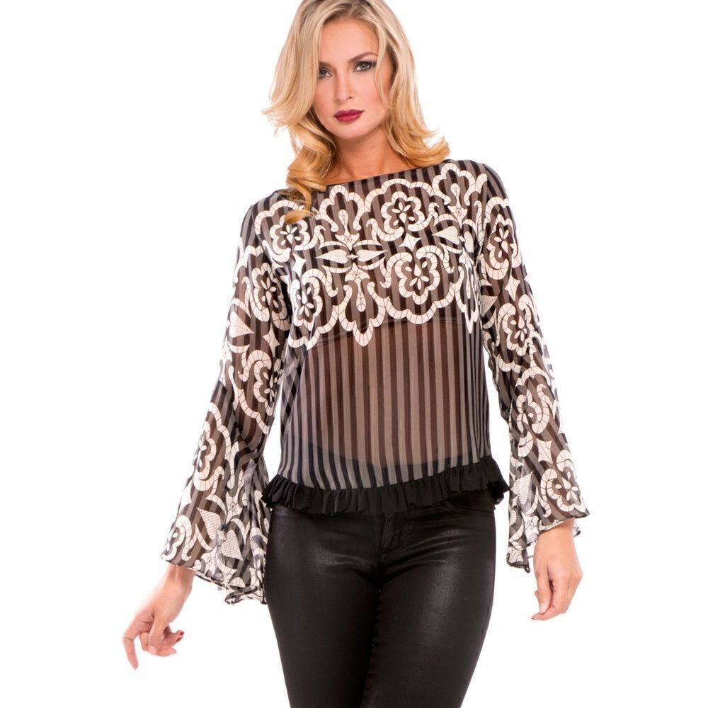 Analili Sz XS Black Beige Baroque Candace Ruffle Hem Flared Chiffon Sheer Top